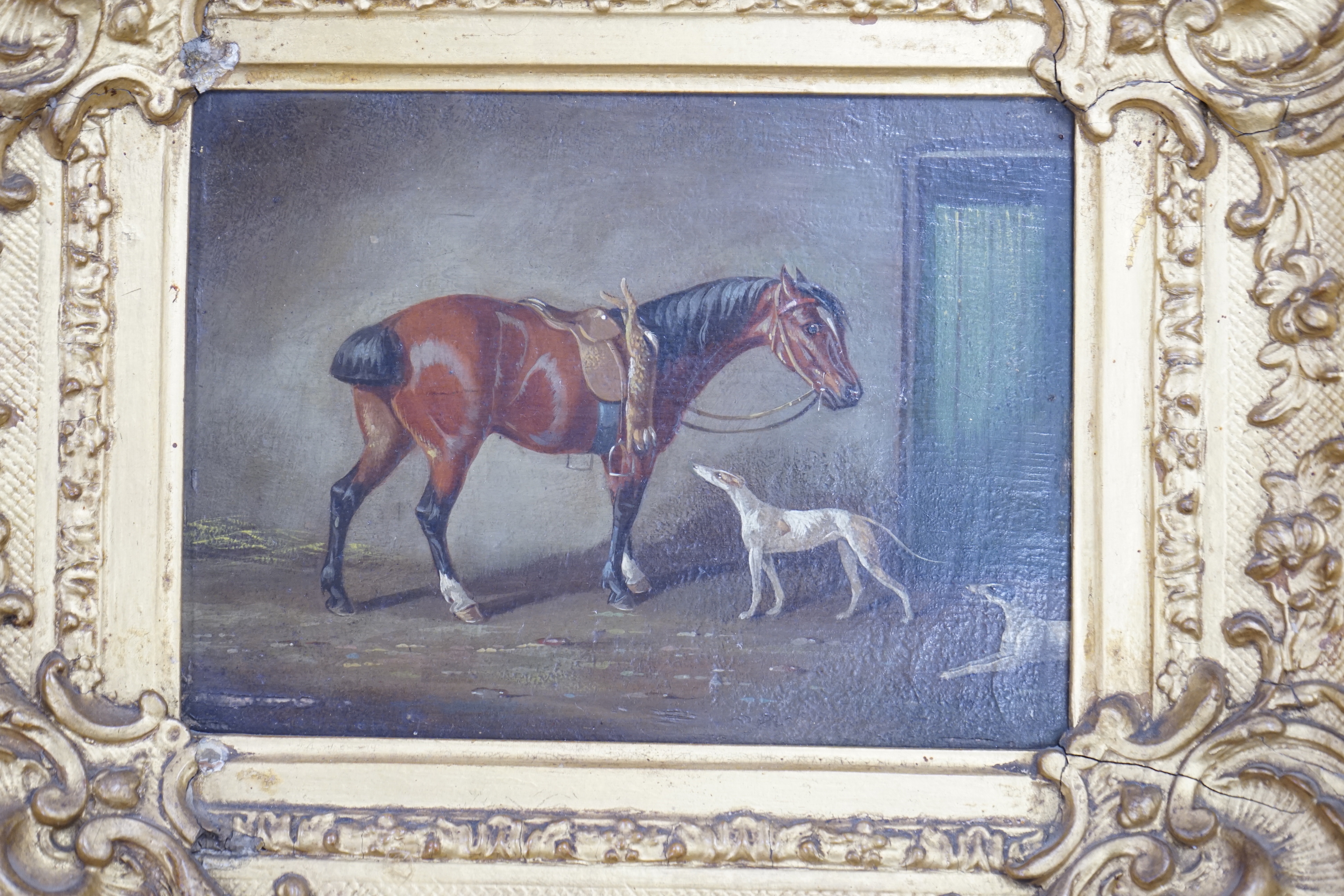 Henry S Cottrell (fl.1840-1860), two oils on board, associated pair of equestrian scenes, one signed, housed in ornate gilt frames, each 42 x 19cm